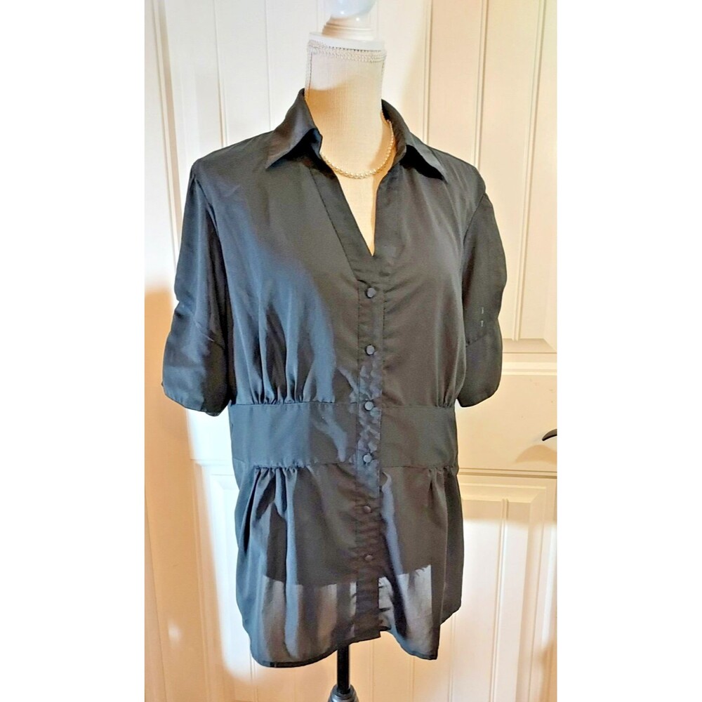 Marianne Black Empire Waist Plus 1X Sheer Button Up Stretch Goth Coquette Top